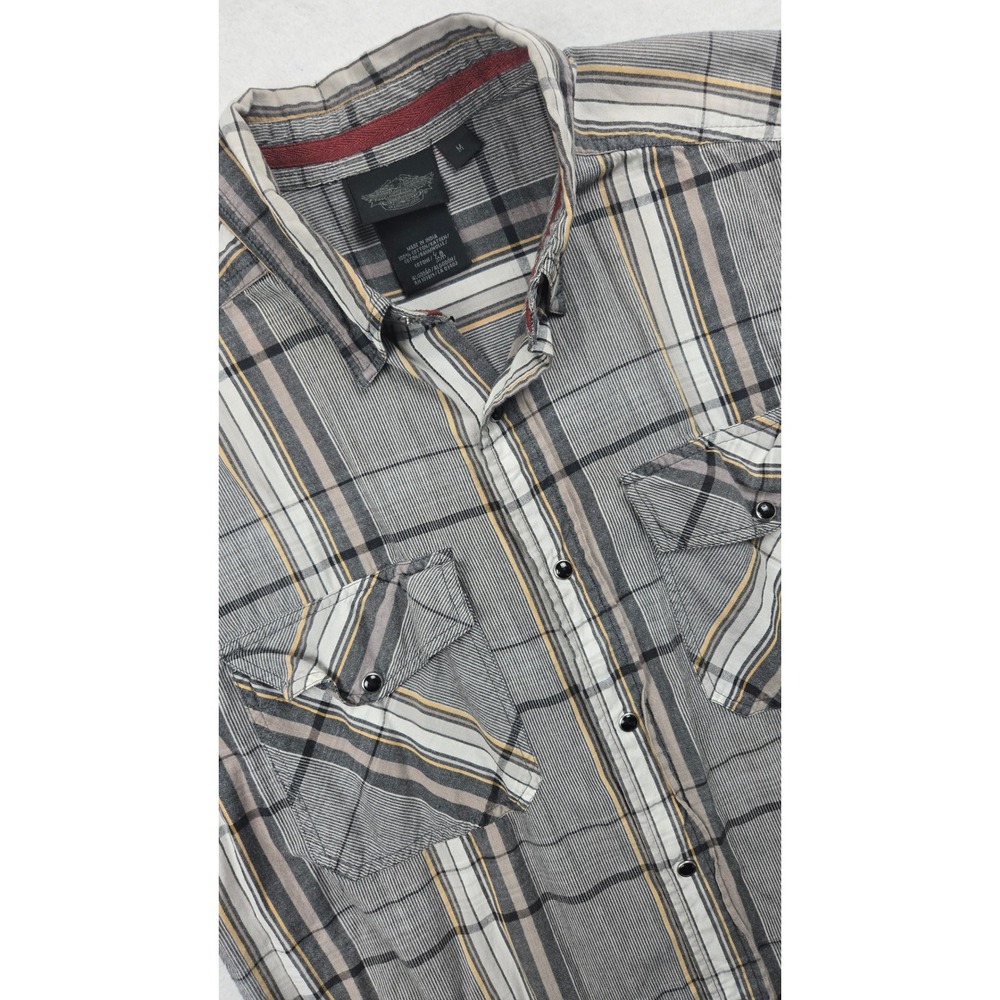 VTG Harley Davidson Mens Plaid Short Sleeve Pearl Button Up Shirt Sz Medium Gray